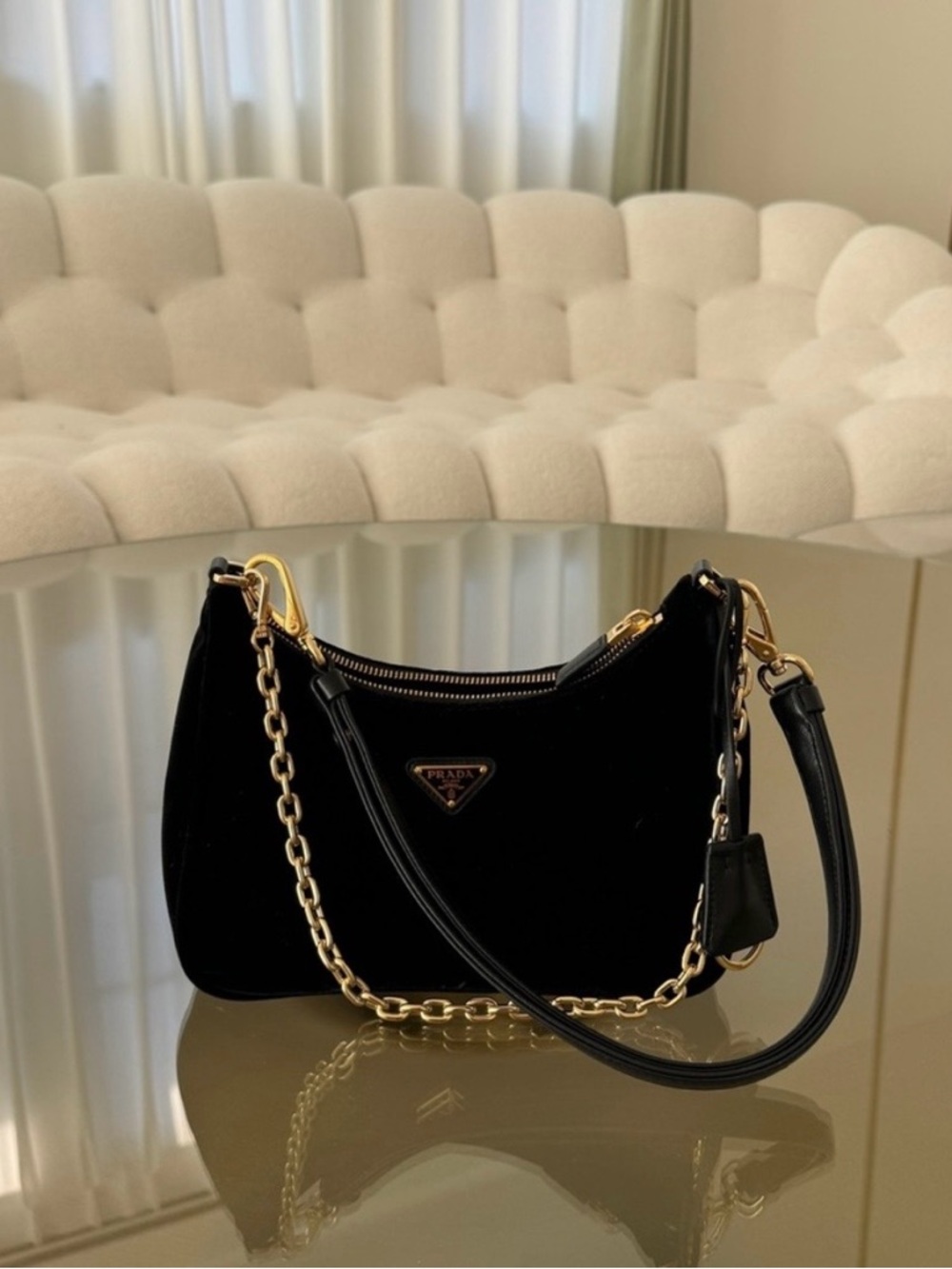 Prada Black Velvet Shoulder Bag with Gold Chain - Picture 2 of 8
